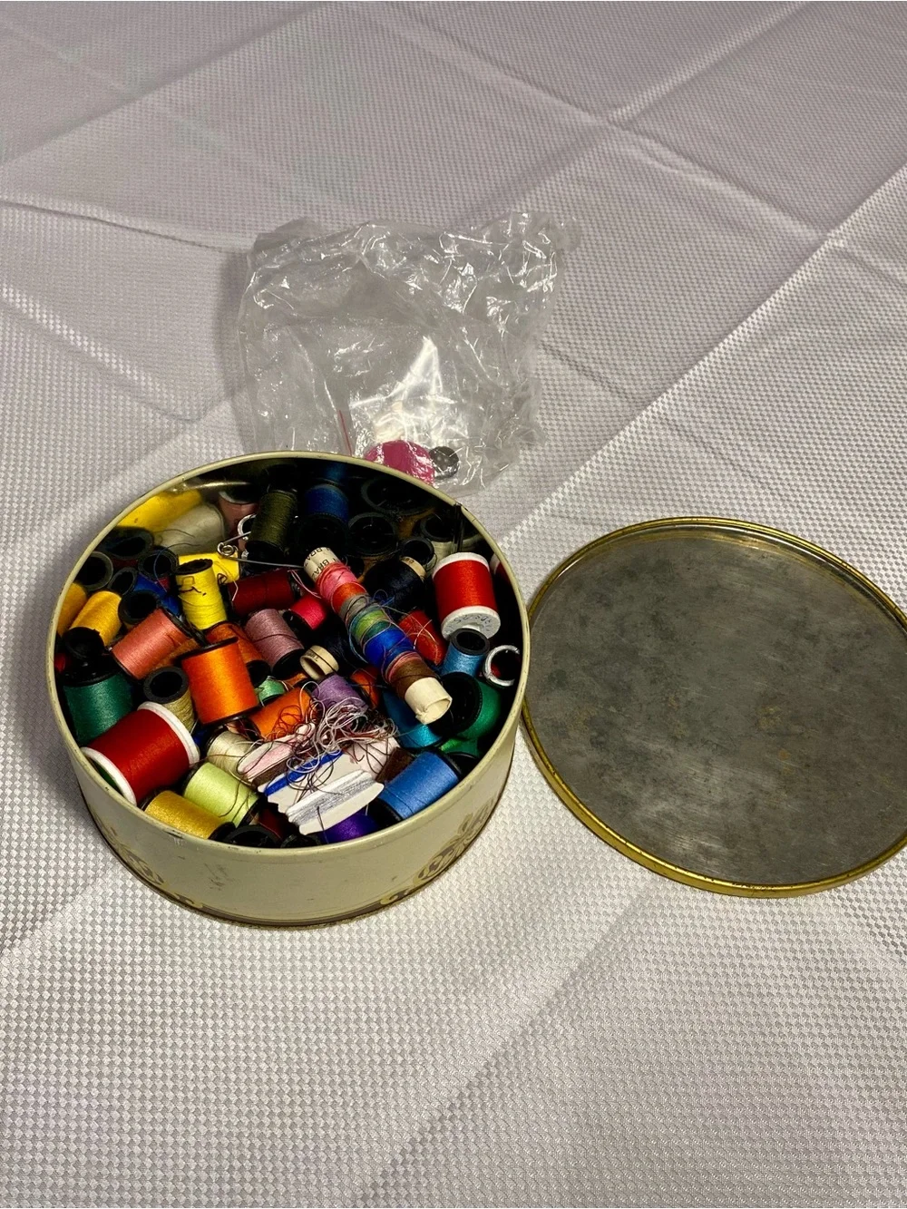 Vintage Decorative Round Trinket Tin/Painted Woman Motif/Gold Trim sewing items
